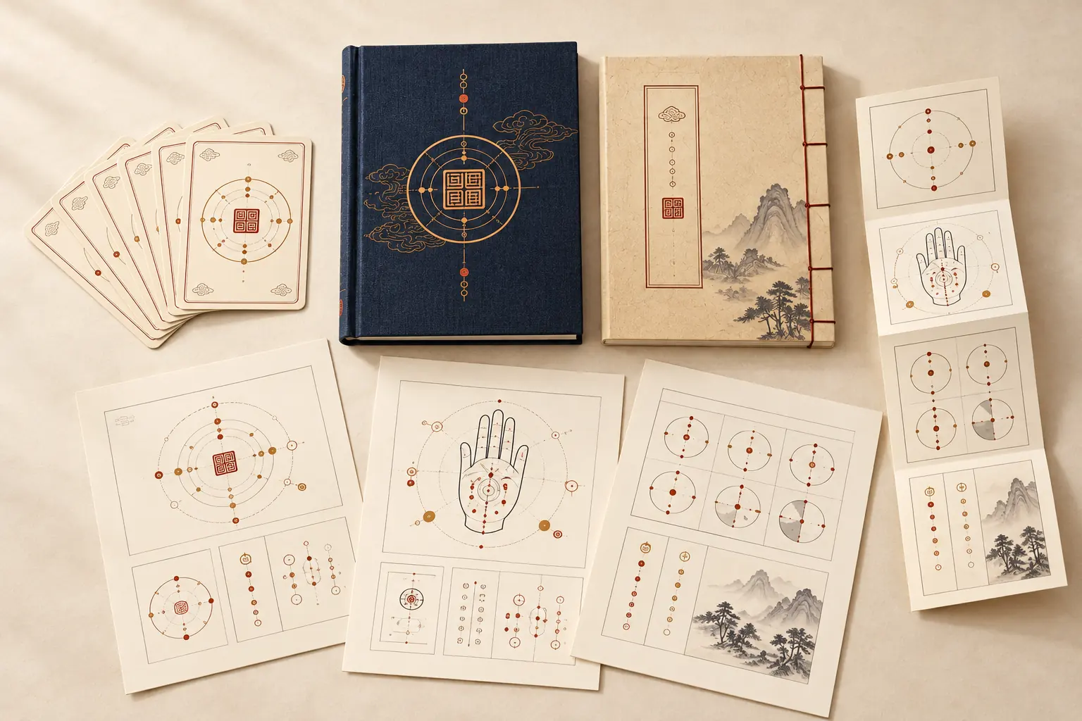 Complete Xiao Liuren course contents arranged as books, lesson cards, worksheets, and a quick reference foldout