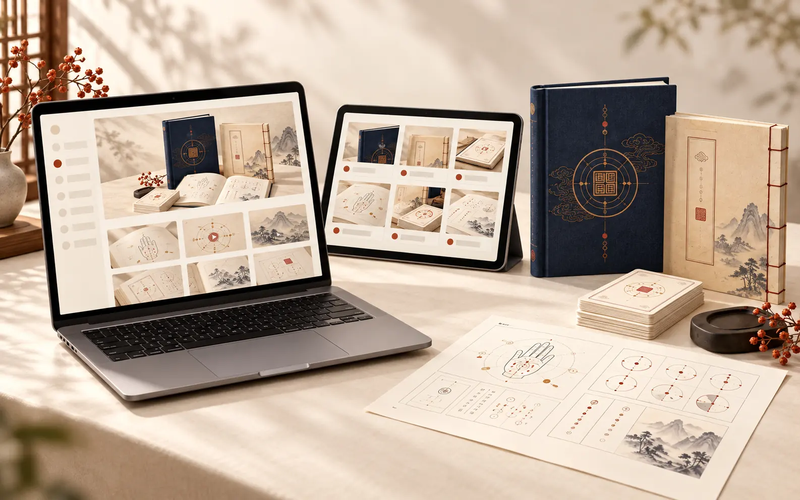 Xiao Liuren digital course library displayed on a laptop and tablet beside the printed guide